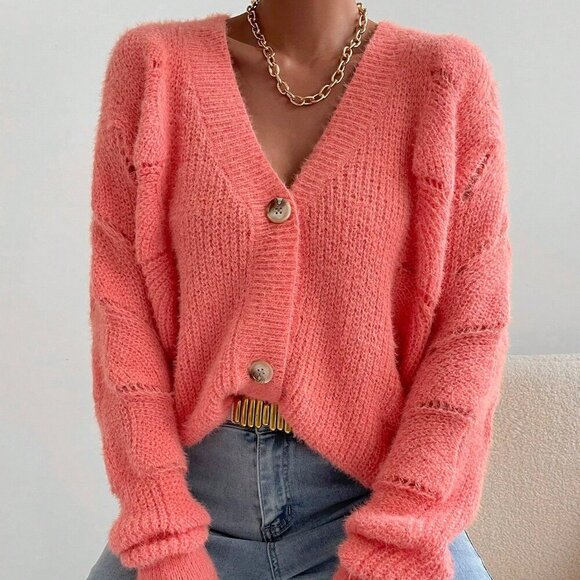 Pink Casual Women's Drop Shoulder Button Front Cardigan - Picture 3 of 6